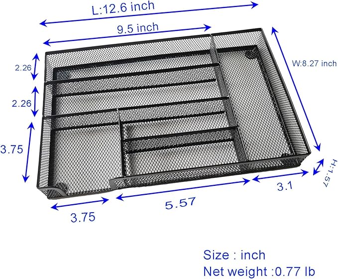 Desk Drawer Organizer Metal Mesh Drawer Organizer Tray for Office School or Home Supplies Desktop Storage Stationery,6 Compartments, 12.6 x 8.27 x 1.57 inch,Black (1pc pack)