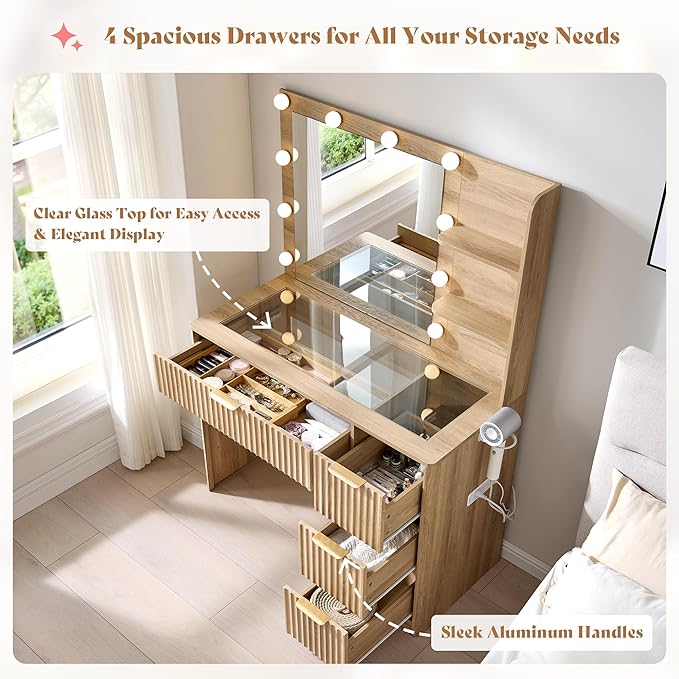 AMERLIFE 36.2" Fluted Vanity Desk with Mirror and Adjustable LED Lights, Large 4 Drawers Makeup Table with Glass Top and Charging Station for Women and Girls, Bedroom or Dorm, Natural Oak