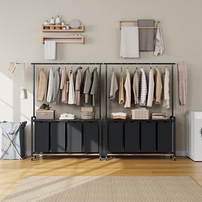 GarveeHome Rolling Laundry Cart with Hanging Rack & Utility Shelf | 4-Section Laundry Sorter Hamper with Lockable Wheels | Laundry Basket Organizer for Laundry Room, Bedroom, Bathroom | Black