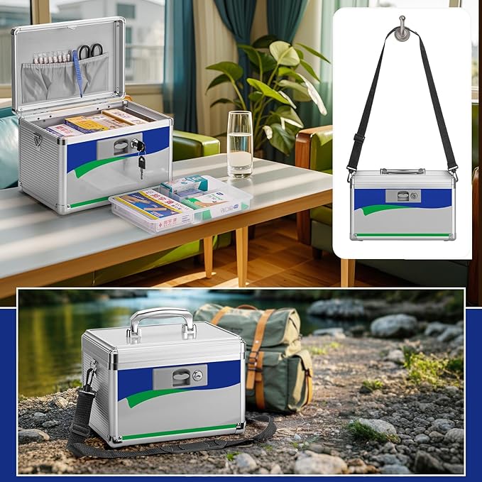 Medicine Lock Box for Safe Medication - 11.2 x 7.6 x 7.6 Inches - Lockable Storage Box for Drugs, First Aid Kit Empty, Lock Boxes with Key for Home/Outdoor (Blue/Medium)