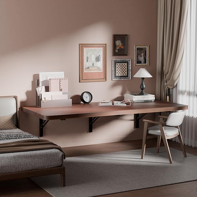 IAE Floating Wall Mounted Folding Table Desk with Pine Wood,55" x 22" Folding Workbench,Fold Down Wall Mounted Foldable Desk with Shelf Brackets,Laundry Table for Home,Dining,Office,Kitchen,Brown