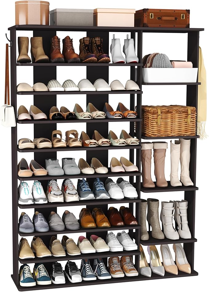 HOMEFORT 10 Tiers Shoe Rack, 50 Pairs Large Shoe Shelf, 61.8" Tall Shoe Tower, Freestanding Shoe Rack Organizer with Open Shelves, Wood Shoe Stand for Boot Storage, for Closet, Entryway, Espresso