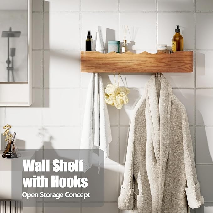 Coat Rack Wall Mount with Shelf 4 Hidden Hooks Modern Wooden Key Holder Entryway Organizer for Hallway Bedroom Bathroom Home Decor Storage for Hanging Coats Hats Bags Towels, Wave-Shape Oak