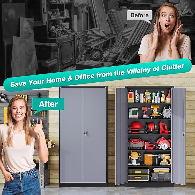 SISESOL Wide & Deep Metal Storage Cabinet with Lock & 5 Adjustable Shelves,72" Gray Garage Storage Cabinet with Locking Doors,Locking Metal Cabinets for Home,Office,Shop,Garage 72x36x18