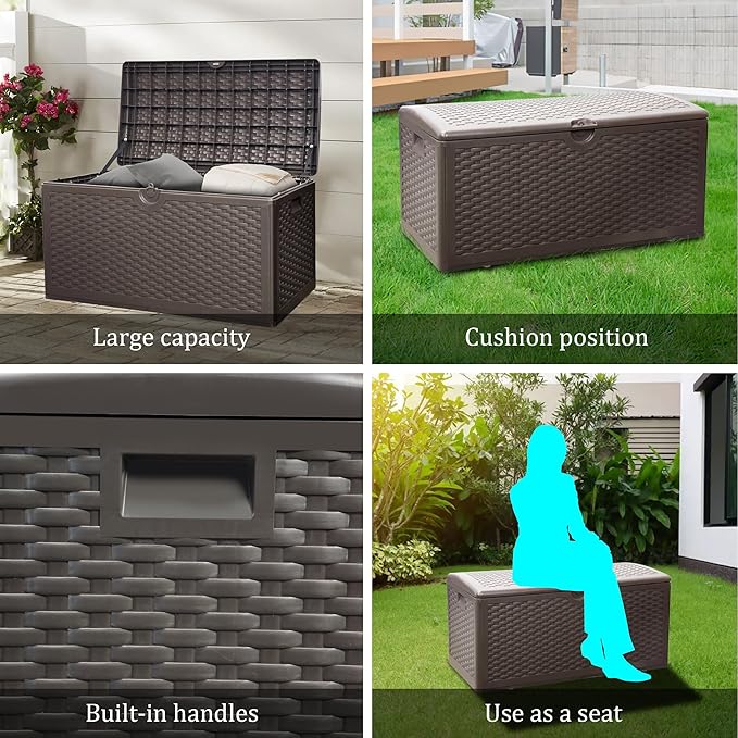 90 Gallon Pro Outdoor Storage Box Waterproof Lockable Resin Deck Box Large, Patio Storage Bin for Pool Accessories Cushion Furniture, Garden Tools, UV-Resistant Outside Delivery Brown