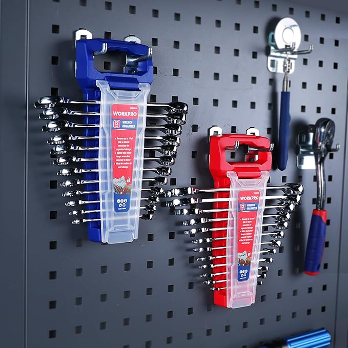 WORKPRO 2-Piece Wrench Organizer, 24-Slot Plastic Holder Set With Lock Cover, Metric & SAE Compatibility (Up To 19mm or 7/8), Premium Quality Rack Tool Trays With Carrying Handle