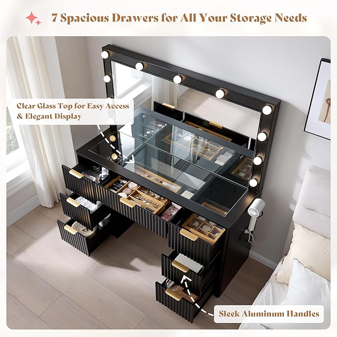 AMERLIFE 47.2" Fluted Vanity Desk with Large Mirror and Adjustable LED Lights, 7 Drawers Makeup Table with Glass Top and Charging Station for Women and Girls, Bedroom or Dorm, Black