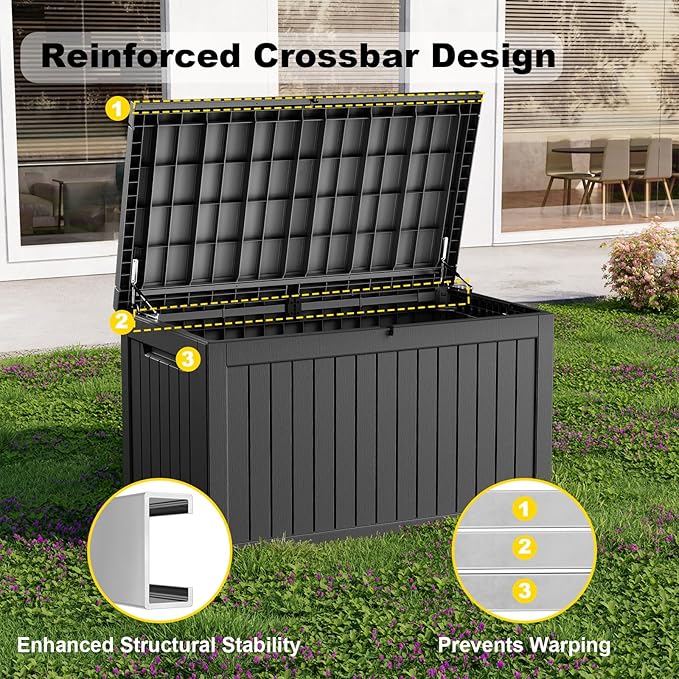 280 Gallon Large Deck Box,Resin Outdoor Storage Box with Lockable for Patio Furniture, Garden Tools Waterproof Outside Storage Box, Black