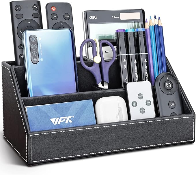 KINGFOM Pu Leather Desk Organizer with 5 Compartments Holder, Multi-Functional Office Supplies Storage Caddy for Pen/Pencil, Phones, Remote Controller and Desktop Accessorie Black