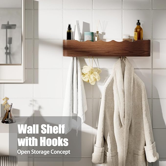 Coat Rack Wall Mount with Shelf 4 Hidden Hooks Modern Wooden Key Holder Entryway Organizer for Hallway Bedroom Bathroom Home Decor Storage for Hanging Coats Hats Bags Towels, Wave-Shape Walnut