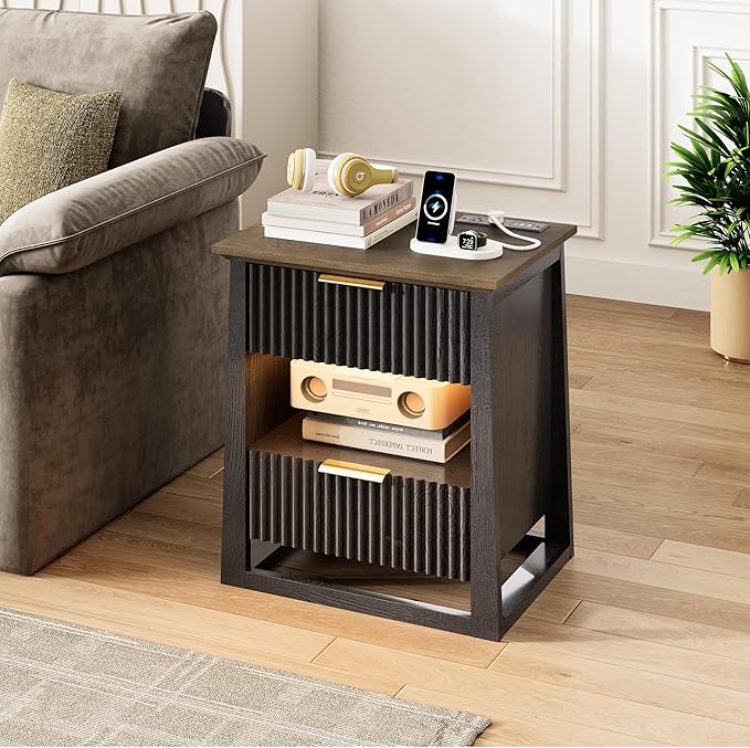 HIFYOBRO Fluted Nightstands Set of 2 with Charging Station & Motion Sensor Light, Modern Bedside Tables with 2 Drawers and Storage Shelf for Bedroom, Black