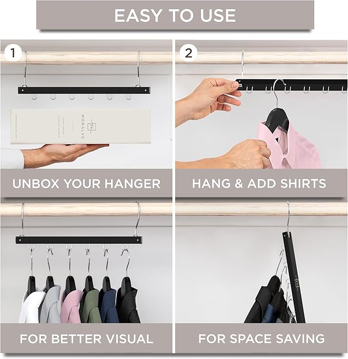 MORALVE Space Saving Hangers for Closet – 4 Pack European Beechwood 6-Tier Shirt Organizer with 360° Swivel Hook – Collapsible Clothes Hanger for Closet Organization (Hangers Not Included)