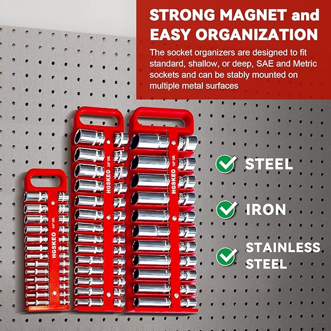 Magnetic Socket Holder Set with Handle, Portable Socket Organizer, Heavy Duty Socket Racks 3/8" Drive Holders Hold 28 standard Sockets for Tool Box (Red, 3/8" Drive)