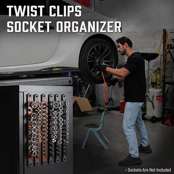 ALOANES 6-Piece Magnetic Socket Organizer, Heavy Duty Aluminum Socket Rails Organizer, 360° Swivel Clips Socket Holder Kit for Tool Box, 1/2, 3/8, 1/4-Inch Socket Holder x 80 Clips (Black&Orange)