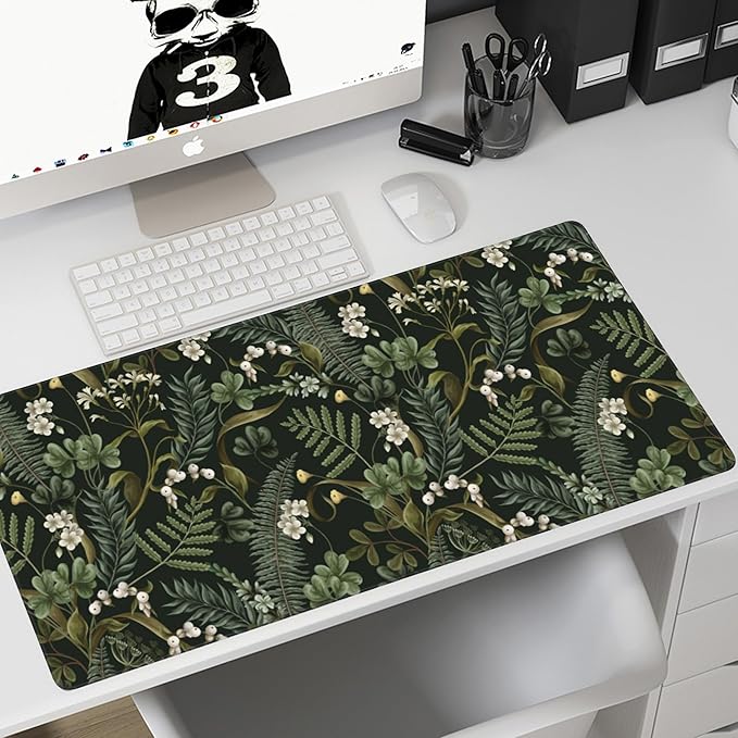 Desk Mat,White Flowers and Fern Gaming Mouse Pad,XXL Extended Mouse Pad Mat for Office,Computer,Keyboard with Non-Slip Base Stitched Eges Mousepad 35.4x15.75 inch