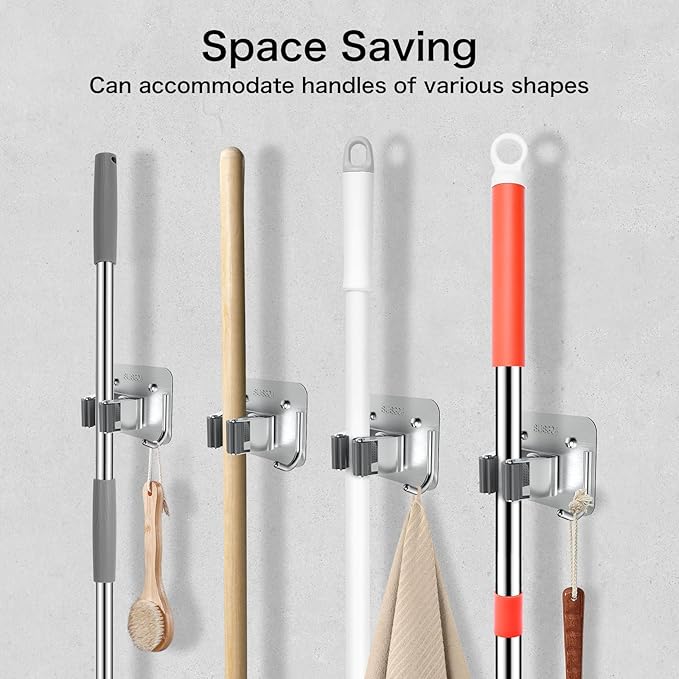 nacena Broom Holder Wall Mount, 4 Packs Silver Stainless Steel Mop and Broom Hanger with Hooks Heavy Duty Broom and Mop Organizer Wall Hanging for Bathroom, Kitchen