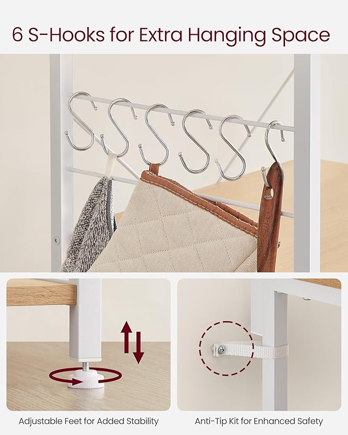 VASAGLE Baker's Rack, Microwave Stand, Kitchen Storage Rack with Wire Basket, 6 Hooks, and Shelves, for Spices, Pots, and Pans, Golden Oak and Cloud White UKKS035W09