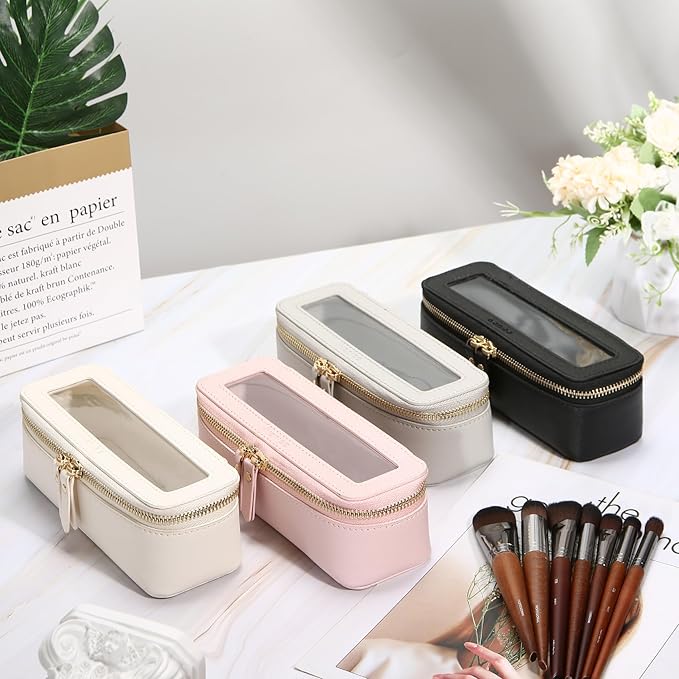 Aveniee Clear Makeup Brush Bag,Slim Cosmetic Brush Holder,Small Toiletry Bag Mini Travel Case for Women,Thin Make up Bags with Dual Zipper,Cute Travel Essentials Organizer,White