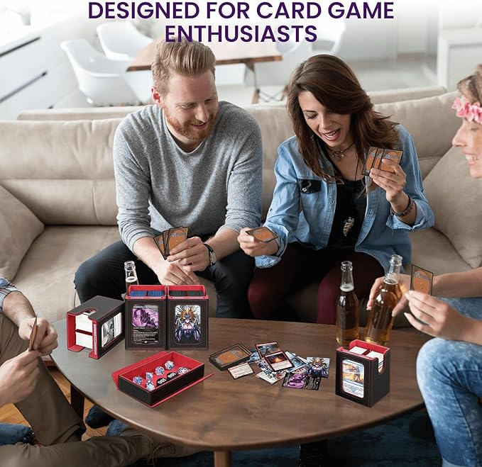 Card Storage Box for MTG with Commander Display for Trading Cards 400+, Card Deck Box with Handle, Removable Deck Case for TCG/Sports Cards, 4 Dividers, 1 Dice Tray, 4 Card Holders, Black Red