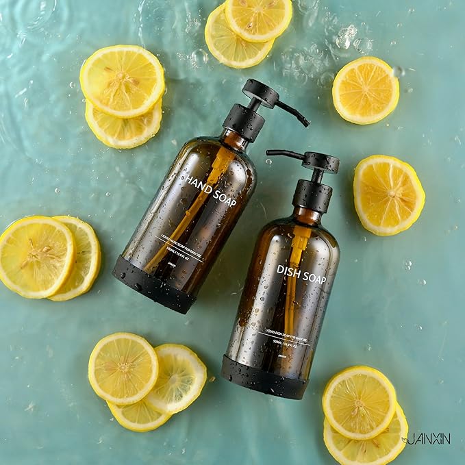 Glass Kitchen Soap Dispenser Set with Ceramic Tray,16.9 floz Hand and Dish Soap Dispenser for Kitchen and Bathroom Decor (Amber Bottles + Black Pumps)