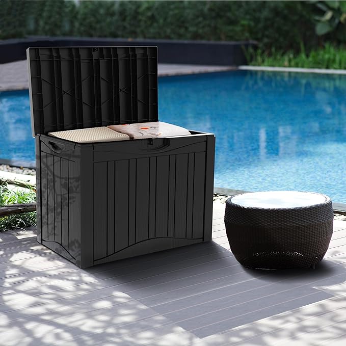 45 Gallon Deck Box, Resin Outdoor Indoor Waterproof Storage Box, Lockable Storage Box With Handle for Patio Furniture - Garden Tools - Swimming Pool Tools UV-Resistant, Black
