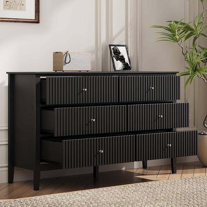 RoyalCraft Black 6 Drawer Dresser, Fluted Modern Wood Dresser, Double Chest of Drawers for Bedroom, TV Stand Storage Cabinet for Living Room