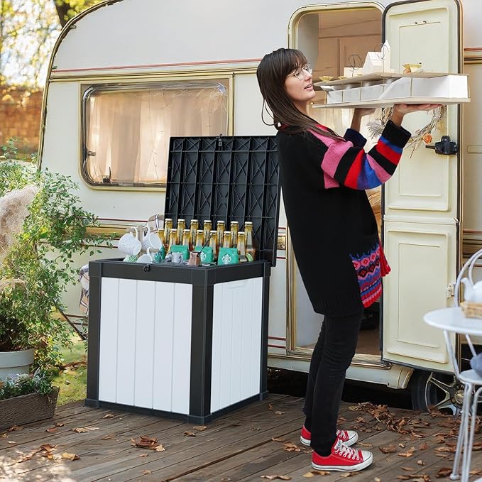 50 Gallon Deck Box,Resin Outdoor Storage Box with Lockable for Patio Furniture, Pool Accessories, Garden Tools, Waterproof Outside Storage Box, Black&White