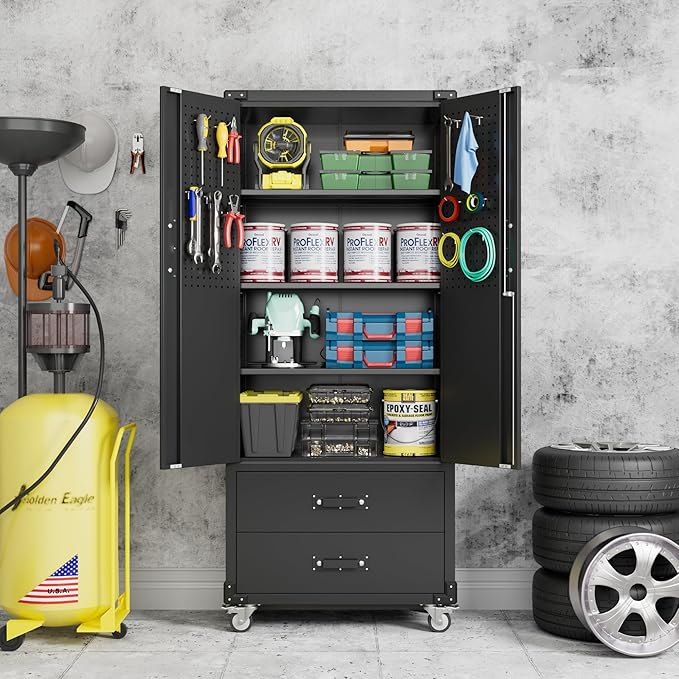 SUXXAN Rolling Storage Cabinet with 2 Doors and 2 Drawers, Heavy Duty Metal Storage Cabinet with Shelves, Locking Steel Cabinet for Warehouse, Home, Office (Black)