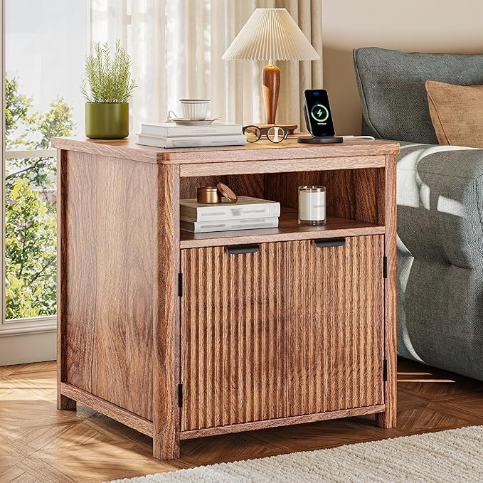 Fluted Nightstand with Charging Stations, 23.6" Wide Walnut Nightstand with Storage Drawers, Side Tables, Modern Farmhouse End Tables for Bedroom, Walnut Brown