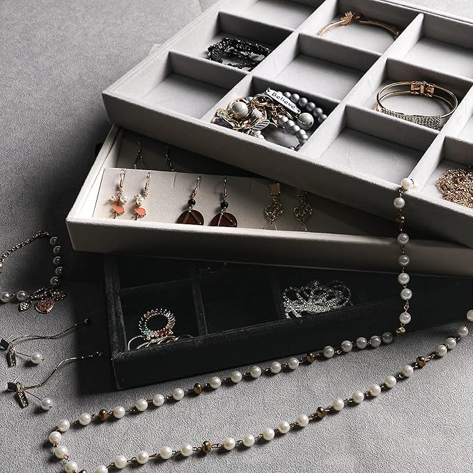 Frebeauty Stackable Velvet Jewelry Organizer Trays for Drawers Inserts Jewelry Storage Tray Display Case, Stud Earrings Bracelets Necklace Rings Accessories Trays for Women (Set of 2 Black)