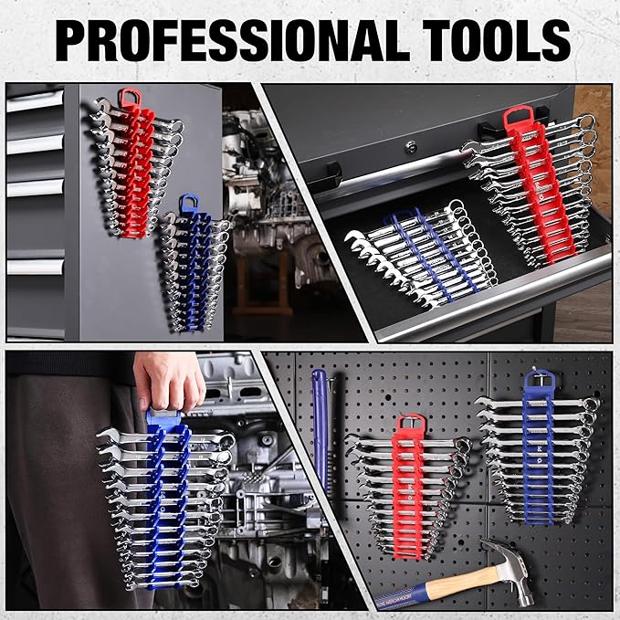 WORKPRO 2-Pack Magnetic Wrench Organizer, 12-Piece Gripper Wrench Holder for Stubby or Line Wrenches, Quality Wrench Rack Fits for SAE (1/4” to 15/16”) and Metric (6mm to 24mm), Flexible Teeth