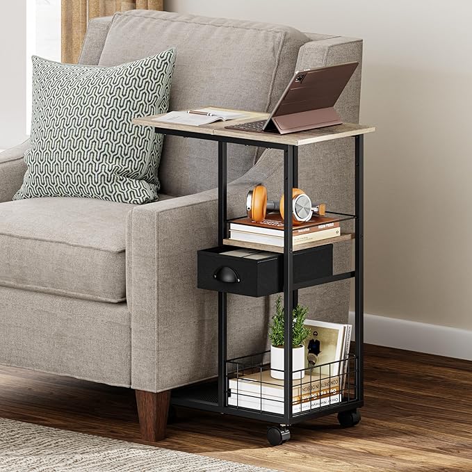 Rolling C Shaped Side Table with Storage Drawer, Ivory Portable Desk on Wheels, Bedside Table for Sofa Couch & Bed, Small Overbed Laptop Desk, Mobile Coffee End Table for Bedroom Living Room Dorm