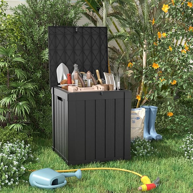 51 Gallon Outdoor Deck Box,Storage Lockable Waterproof Patio Furniture,Garden Tools,Cushions,Pool Accessories Outside Storage Resin Box(Black)