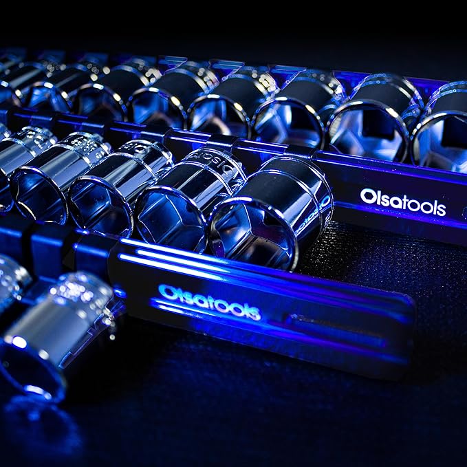Olsa Tools 3 Pc Set Aluminum Socket Organizer with Locking End Caps | 1/4-Inch Drive x 24 Clips, 3/8-Inch Drive x 18 Clips, 1/2-Inch Drive x 16 Clips | Professional Quality Socket Holder (Blue)