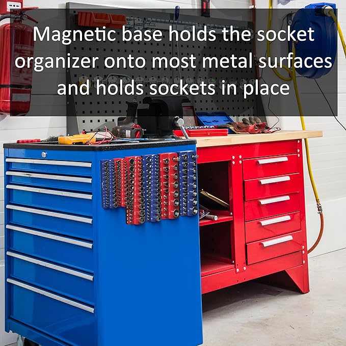 Olsa Tools Magnetic Socket Holder | 1/4-inch Drive | Metric | Red | Holds 26 Sockets | Professional Quality Tools Organizer