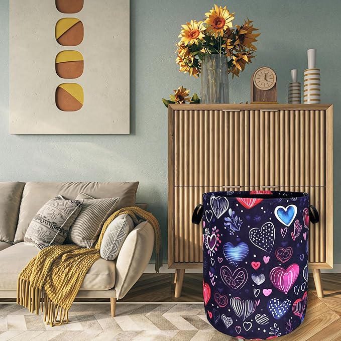 Hand Drawn Love Hearts Pattern Laundry Hamper With Handles Foldable Oxford Cloth Tote Bag Colorful Laundry Basket Clothes Toy Storage Bucket 18.9" x 16.5" For Bathroom/Laundry/Bedroom