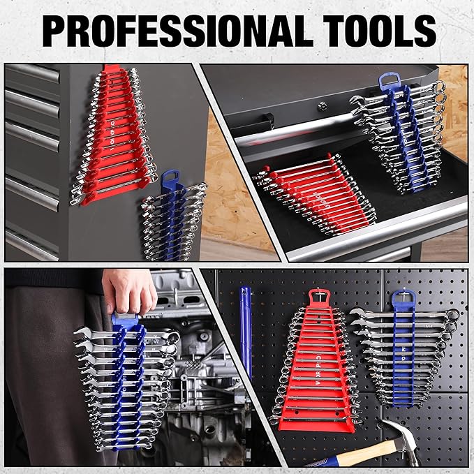 WORKPRO 4-PACK Magnetic Wrench Organizer, 2PC 15-Slot and 2PC 12-Slot Gripper Wrench Holder for Tool Boxes, Flexible Gripping Teeth and Carrying Handle, Fit for SAE and Metric, Blue, Red