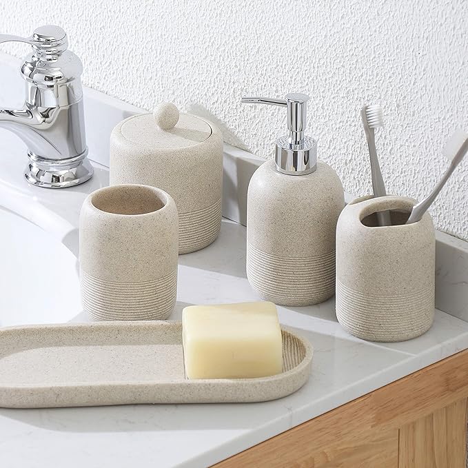 5-Pieces Bathroom Accessory Set Hight Quality Polyresin Ensemble-Lotion Dispenser/Toothbrush Holder/Cotton Jar/Tray/Tumbler Cup, Beige