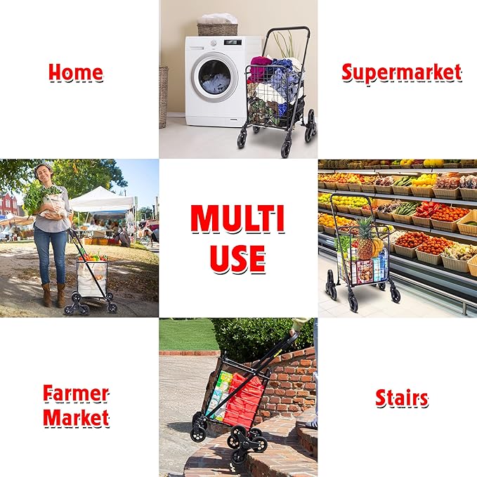 dbest Products Stair Climber Cruiser Cart Shopping Grocery Rolling Folding Laundry Basket on Wheels Foldable Utility Trolley Compact Lightweight Collapsible, Black