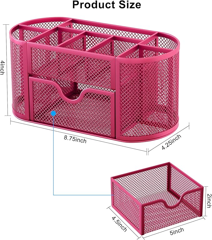 EasyPAG Mesh Pen Holder Desk Organizer with Drawer Stationery Supplies Organizer for Dorm School 9 Compartments Workspace Desk Accessories Organization for Office, Hot Pink