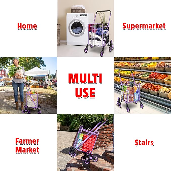 dbest Products Stair Climber Cruiser Cart Shopping Grocery Rolling Folding Laundry Basket on Wheels Foldable Utility Trolley Compact Lightweight Collapsible, Purple