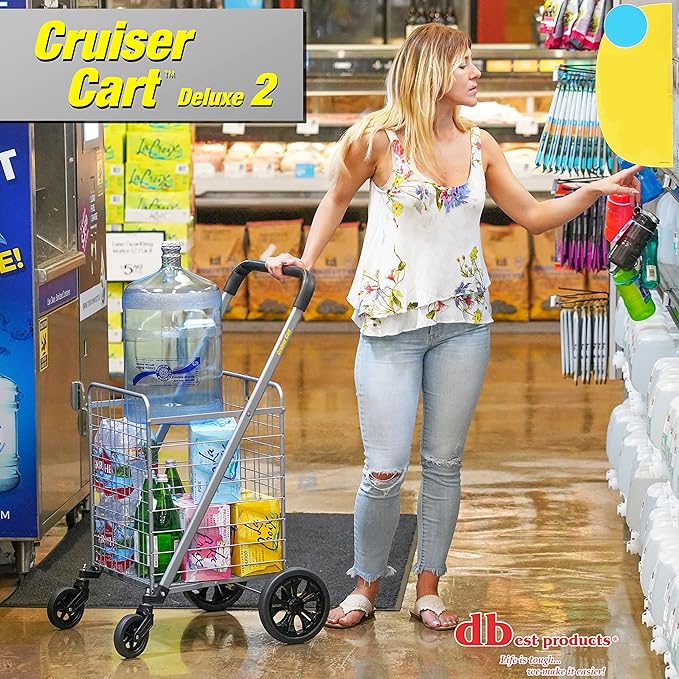 dbest Products Cruiser Cart Deluxe 2 Germ Guard Bundle Shopping Handle Grocery Rolling Folding Laundry Basket on Wheels Foldable Utility Trolley Compact Lightweight Collapsible
