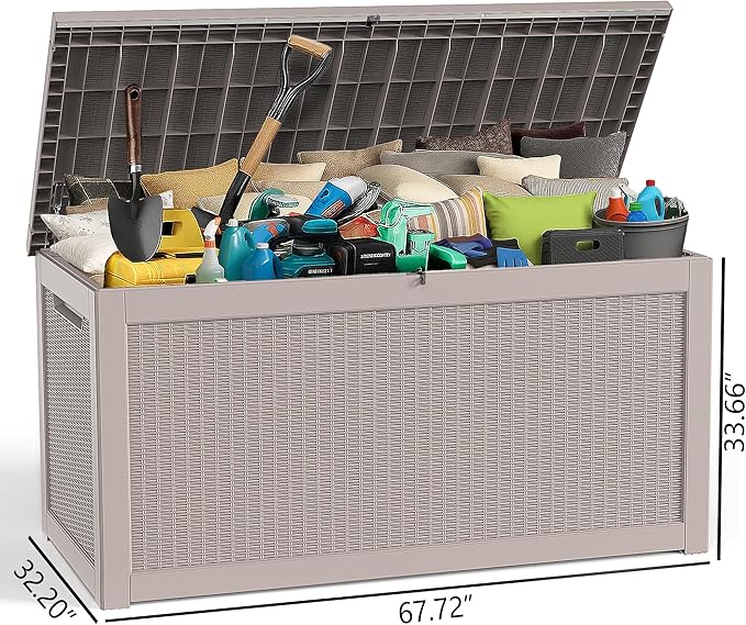 320 Gallon Large Deck Box,Resin Outdoor Storage Box with Lockable for Patio Furniture, Pool Accessories, Garden Tools Waterproof Outside Storage Box, Grey Pattern
