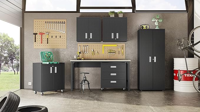 Manhattan Comfort Fortress 31.5-Inch Rolling Garage Tool Chest, 3-Drawer Lockable Mobile Storage Cabinet, Diamond-Textured Steel Utility Organizer with Wheels for Basement, Workshop in Charcoal Grey
