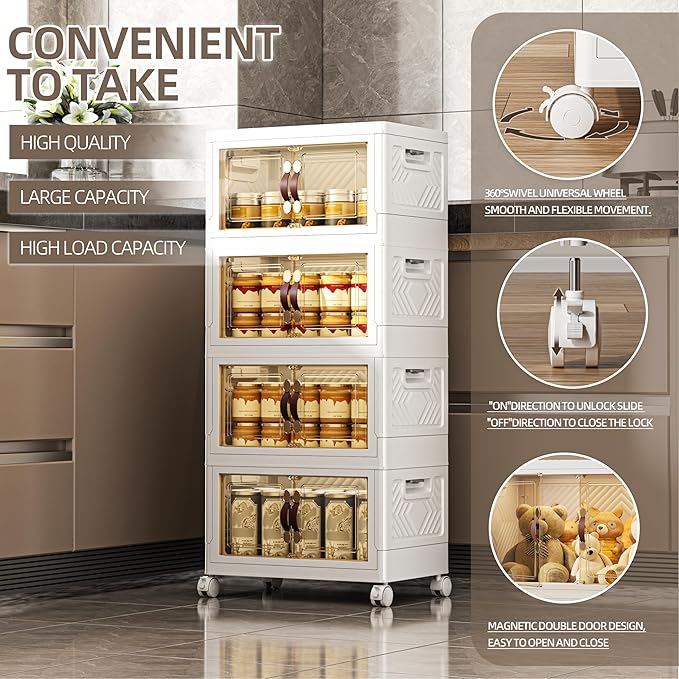 104 QT / 26 Gal Stackable Storage Bins with 1 Lid, Collapsible Plastic Organizer Cabinet with Wheels & Magnetic Doors for Closet, Home, Office – White Containers