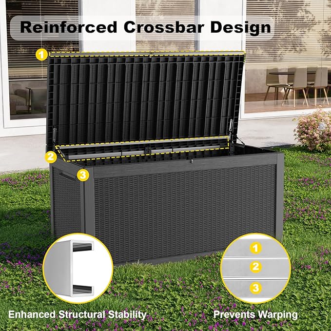 320 Gallon Large Deck Box,Resin Outdoor Storage Box with Lockable for Patio Furniture, Pool Accessories, Garden Tools Waterproof Outside Storage Box, Black
