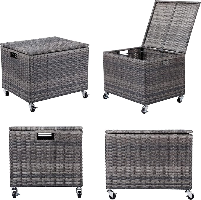BIRDROCK HOME Rolling File Box - Storage Cabinet with Wheels - Weatherproof Rattan-Style Resin Deck Chest for Garden, Home and Office - Organize Cushions, Toys, and Accessories - Storage Box - Grey