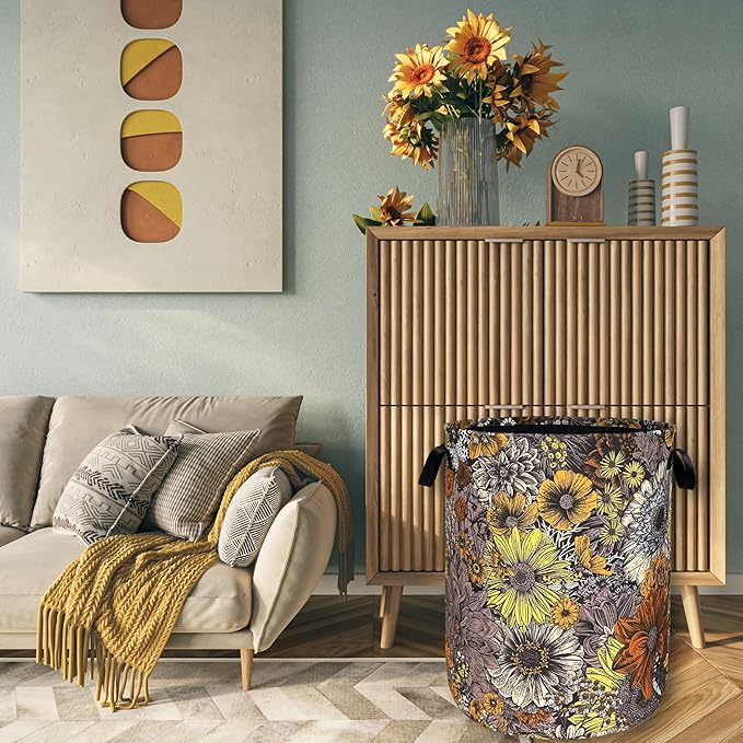 Retro Sunflower Flower Laundry Hamper With Handles Foldable Oxford Cloth Daisy Floral Tote Bag Colorful Laundry Basket Clothes Toy Storage Bucket 8.9"x16.5"For Bathroom/Laundry/Bedroom