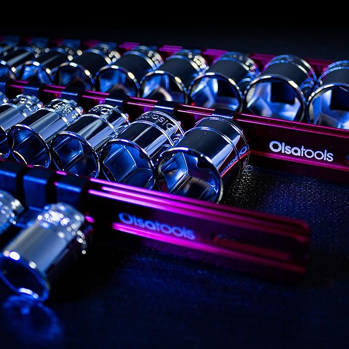 Olsa Tools 1/2-Inch Drive Aluminum Socket Organizer with Locking End Caps | Professional Quality Socket Holder (RED)