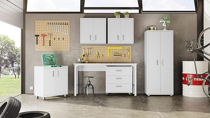 Manhattan Comfort Fortress 30" Floating Textured Metal Garage Cabinet with Adjustable Shelves, Set of 1, White